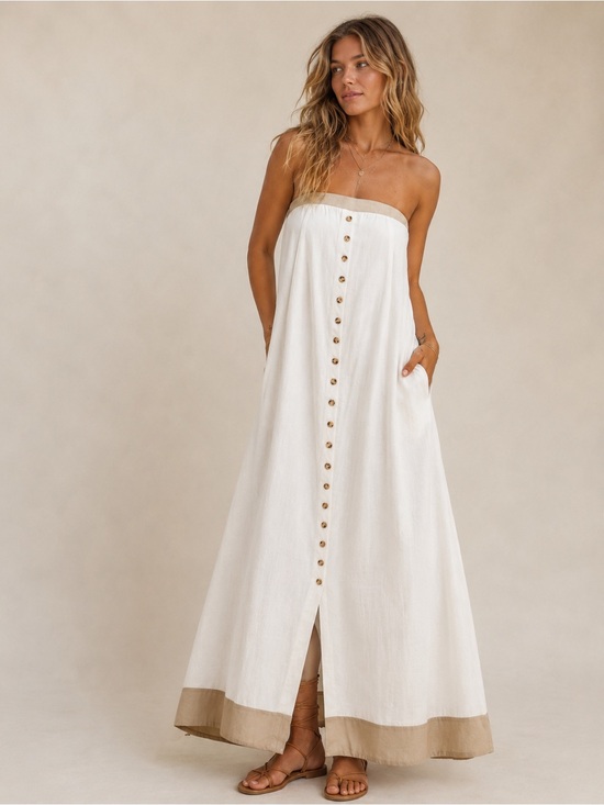 Dresses & Skirts - #40 White Strapless Maxi Dress with Button Detail